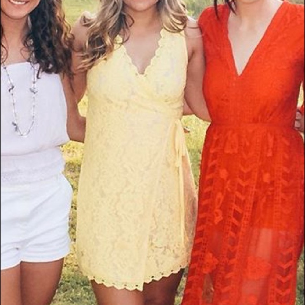 Yellow lace wrap dress